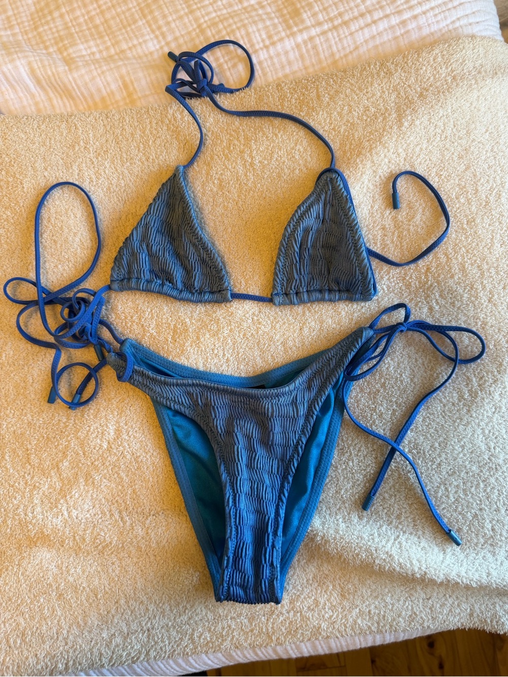Xs top small bottom triangl swimwear Blue Ribbed String Bikini